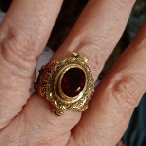Ornate Silver and Red Poison Ring with Intricate Filigree With Brass Overlay